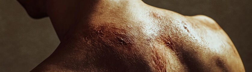 Fototapeta premium Close-up of a scarred shoulder showcasing the texture and resilience of skin after injury.