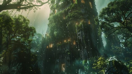 Towering stone castle overgrown with vines and trees, bathed in ethereal light, evokes a sense of ancient magic and hidden secrets.