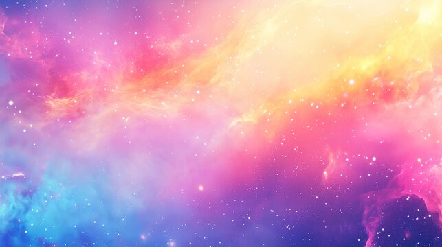 A bright cosmic background with colorful nebula clouds and swirling space dust. Soft pinks, purples, and oranges with glowing particles. For presentations on astronomy, space phenomena or galaxies.