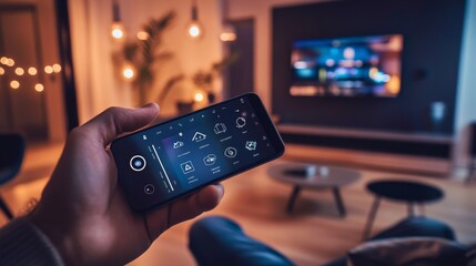 A tech-savvy homeowner controlling their smart home devices through a sleek app interface, with trendy design elements