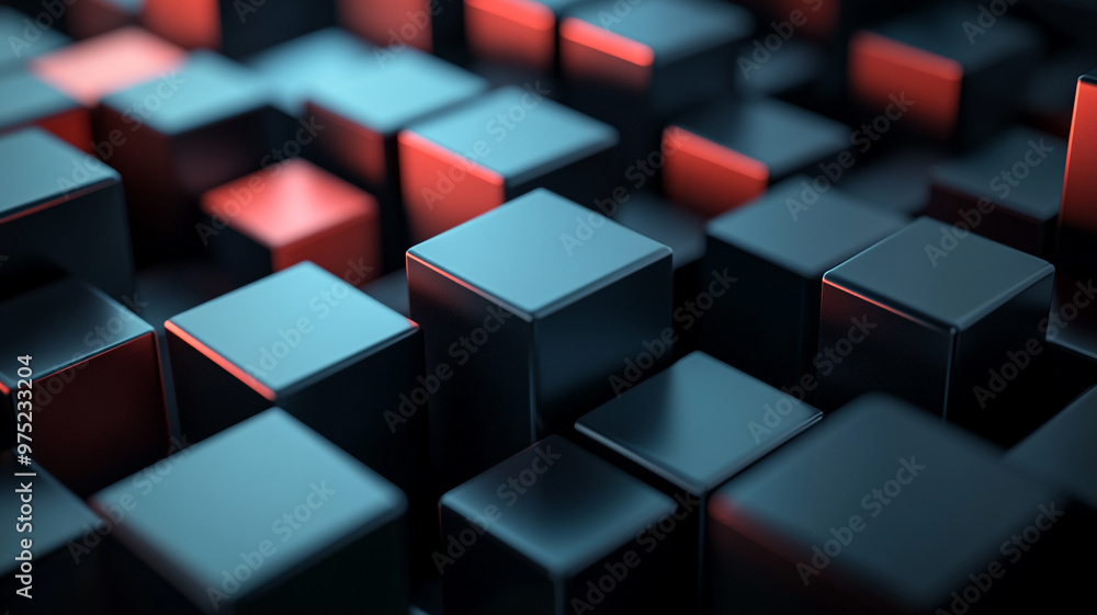 Poster abstract illustration of interconnected dark cubes with red highlights in a futuristic setting