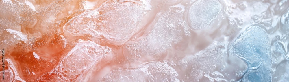 Poster a close-up view of frozen ice cubes in varying shades of blue and orange, creating a visually striki