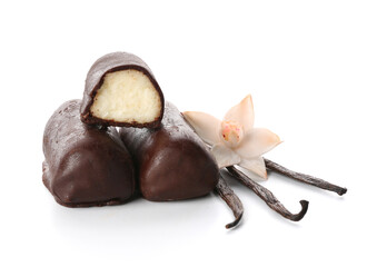 Tasty chocolate glazed curd snacks with vanilla flavor on white background