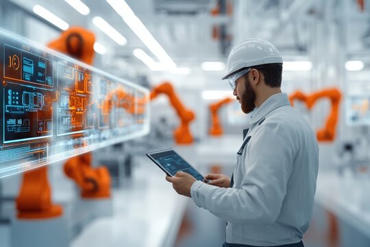 Very realistic and photographic photo of an engineer with a tablet in a sleek factory, surrounded by futuristic holographic displays showing detailed automation dashboards. The polished and
