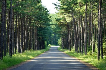 Fototapeta premium Empty road lined with towering pine trees, peaceful and isolated