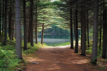 Path leading to a lake through pine forest, tranquil and inviting