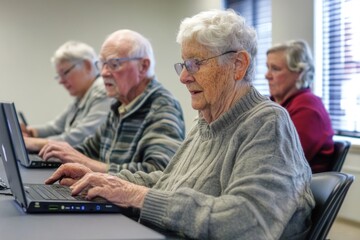 Elderly individuals in a tech class, working on laptops and discussing online privacy and security