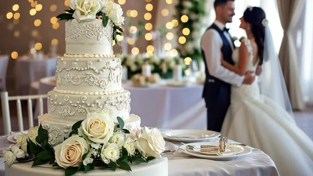 Romantic wedding celebration with an elegant cake and couples' first dance in a beautifully decorated venue