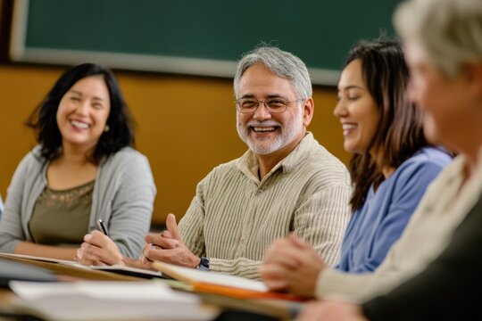 Adults of various ages in a language class, practicing conversation skills with partners, eager to learn a new language