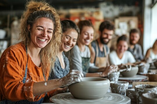 A diverse group of adults in a pottery class, shaping clay on their wheels, as they learn new skills from the instructor
