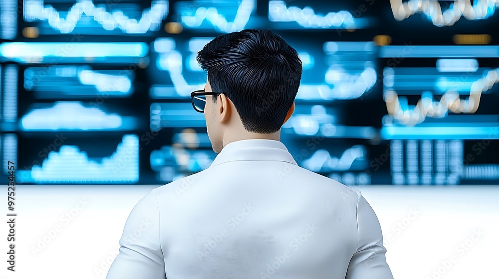 Poster a businessman intently studies stock market data displayed on multiple screens.
