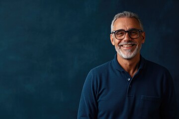 Senior male presenter with a welcoming smile, standing in front of a solid dark blue background, leaving room for text on the side