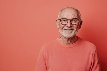 Obraz premium Elderly man, smiling warmly, standing against a solid light coral background with ample room for text