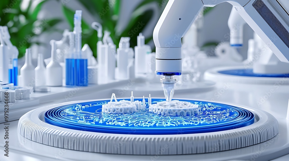 Poster a robotic arm constructs a city model with 3d-printed precision.
