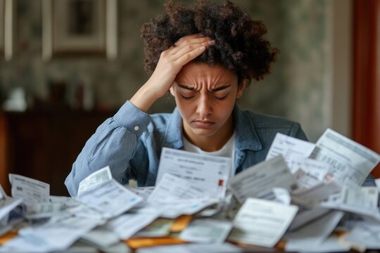 A stressed individual with a hand on their forehead, sitting at a table overflowing with debt notices and bills, symbolizing the burden of financial problems