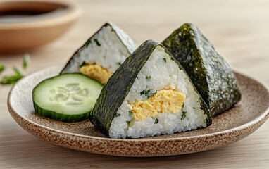 Sushi Plate with Cucumber Slices on Wooden Background
