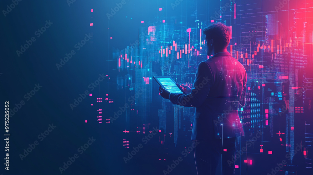 Poster business professional analyzing data trends with digital graphs in a modern tech environment