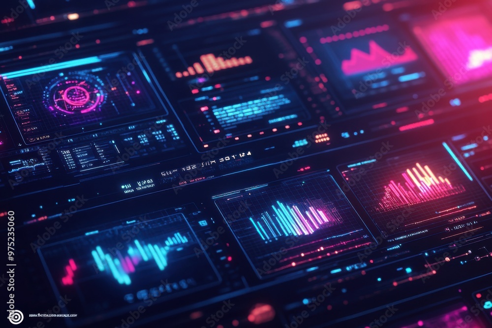 Poster futuristic neon ecommerce dashboard with ai sales prediction charts in cyberpunk setting