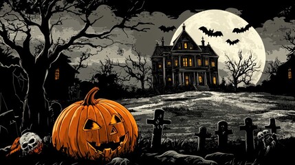 Fototapeta premium Chilling Halloween background featuring a pumpkin zombie crawling out of a graveyard, bats flying in front of a full moon, and a haunted mansion surrounded by webs
