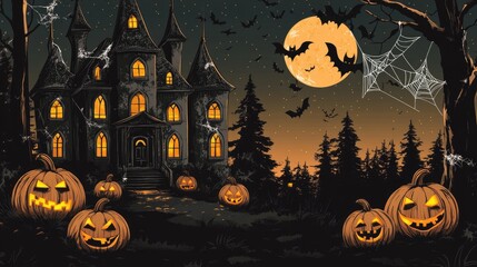 Fototapeta premium Spooky vector image of a haunted mansion, glowing pumpkins, and bats, with cobwebs hanging from trees, set against a dark night sky