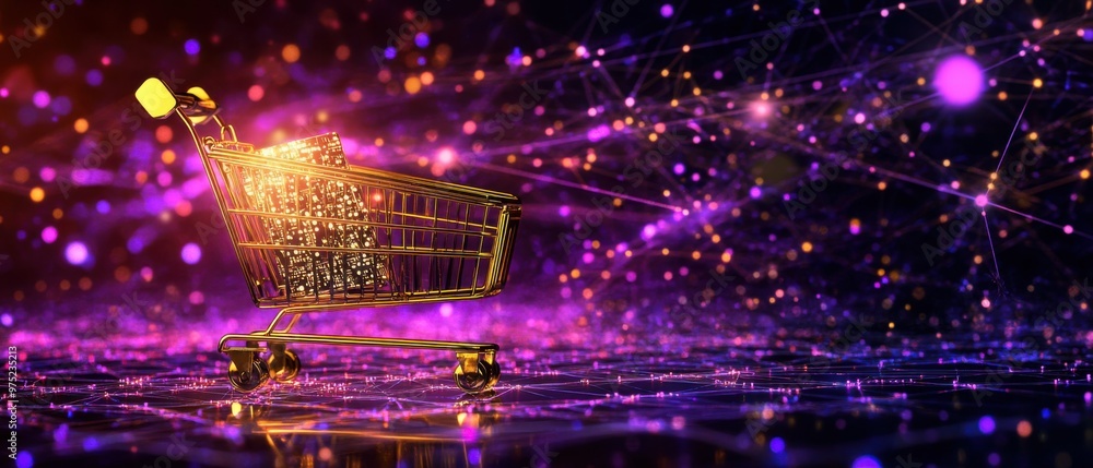 Poster futuristic high-tech shopping cart with cryptocurrency icons and blockchain network background, meta