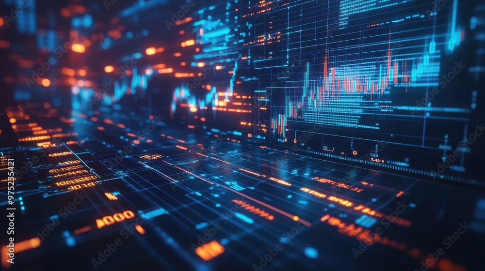 Poster futuristic holographic stock trading platform with ai-driven analysis and minimalist design