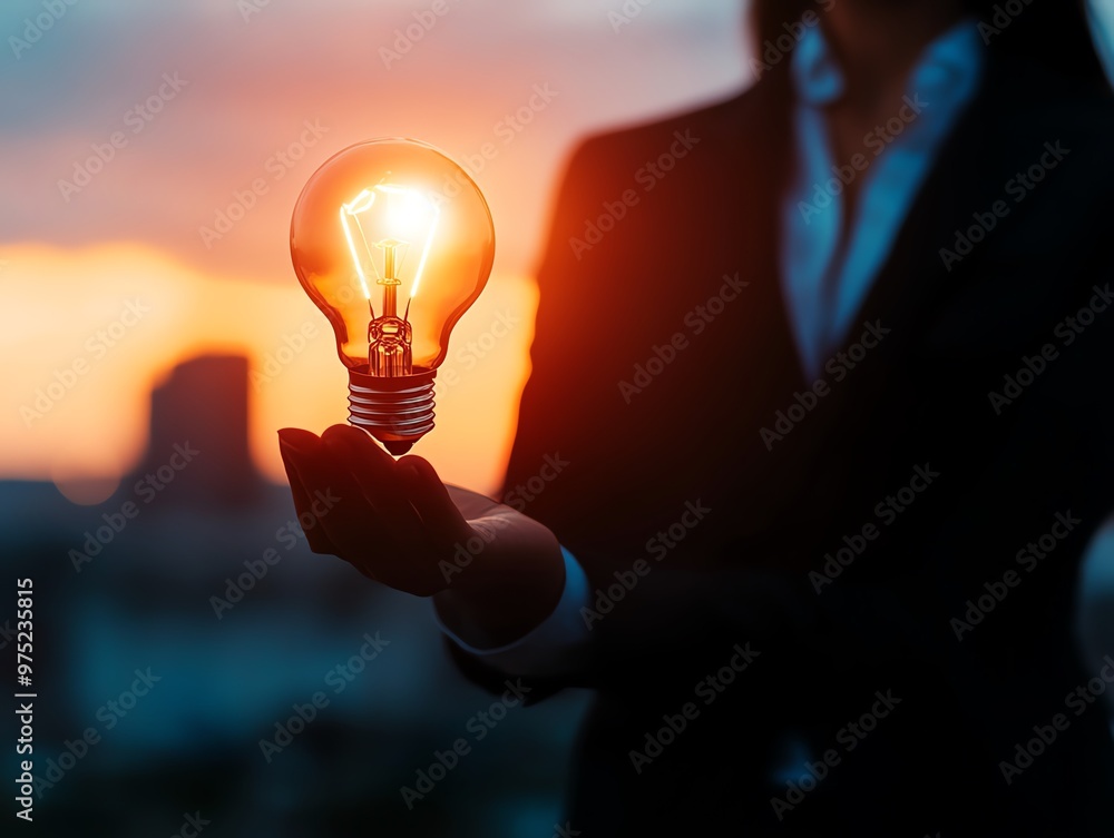 Wall mural businesswoman holding a glowing lightbulb over a city skyline, bright idea, innovation in business