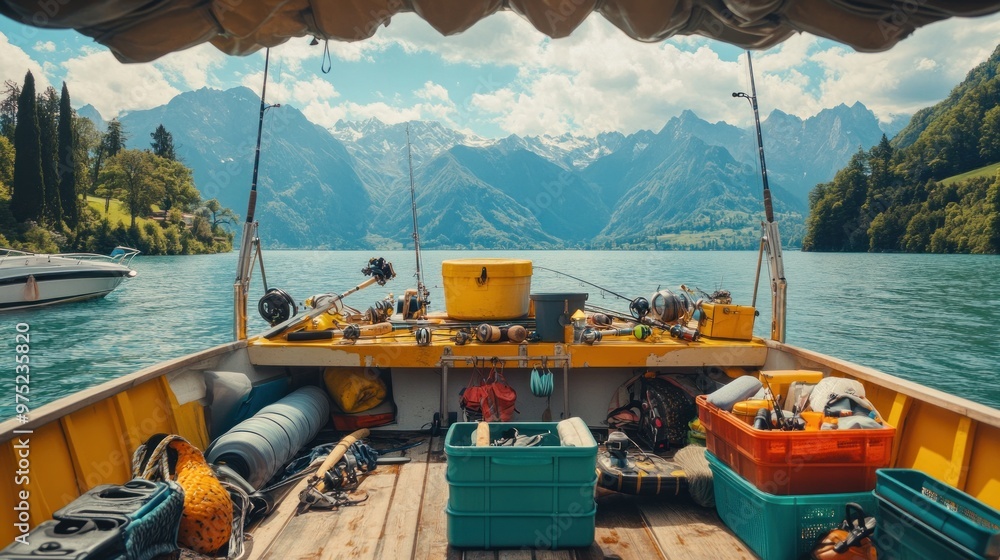 Sticker A boat's deck filled with fishing gear, set against a scenic mountain lake backdrop.