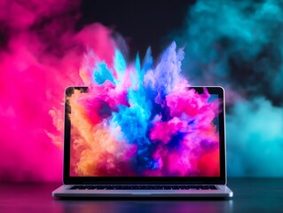Laptop screen displaying a creative design, surrounded by colorful abstract shapes, digital creativity, business and technology