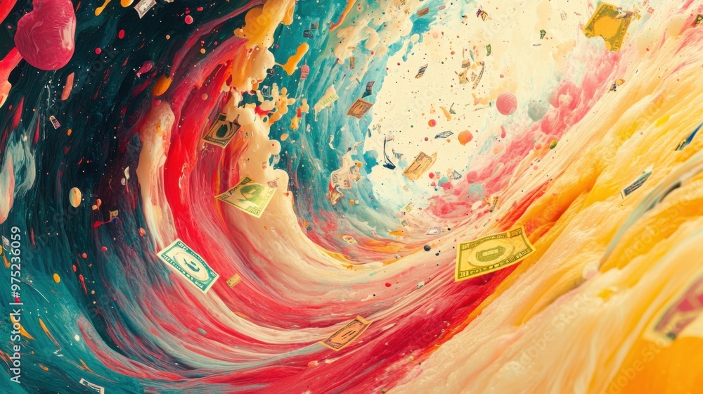 Poster vibrant psychedelic ecommerce experience with abstract stock graphs and distorted currency symbols