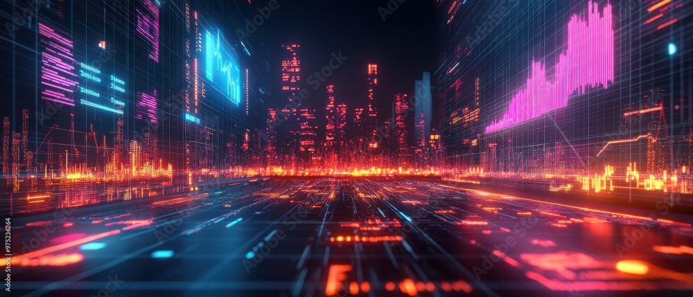 Poster glowing lines of the future: futuristic investment app dashboard with ai predictions and neon lights