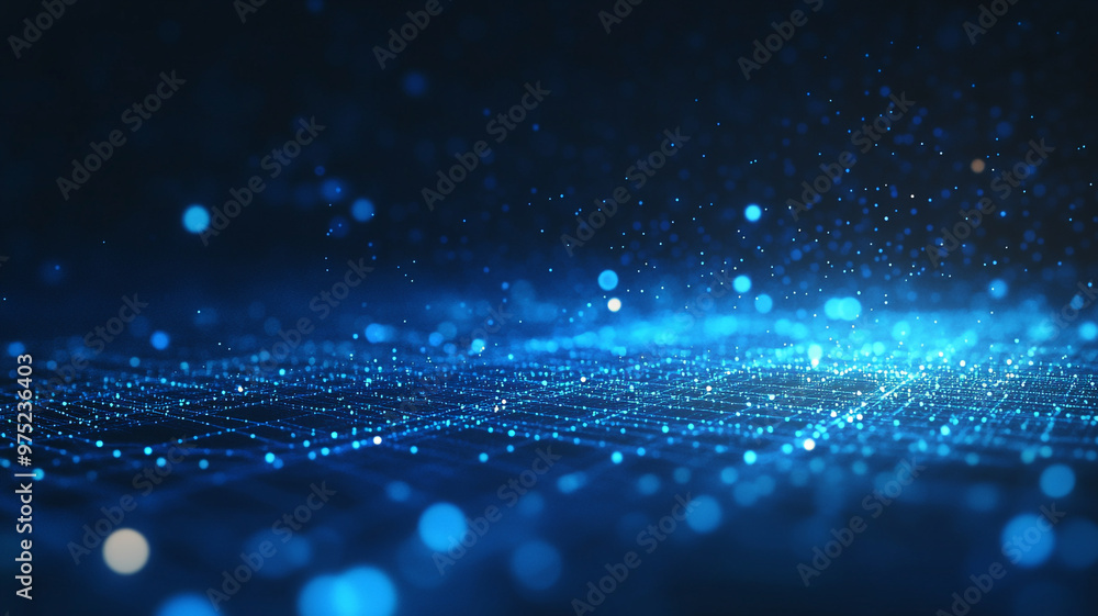 Poster illuminated blue particles create a mesmerizing digital landscape in a futuristic setting