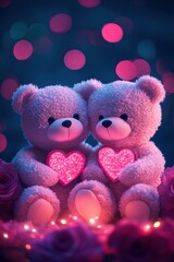 Fototapeta premium Intimate Teddy Bear Embrace Amidst Blooming Pink Flowers