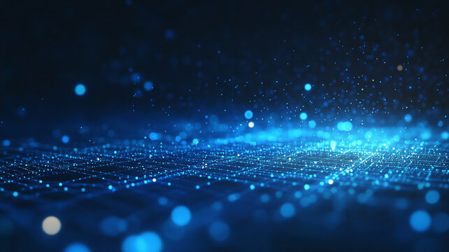 Illuminated blue particles create a mesmerizing digital landscape in a futuristic setting
