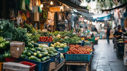 Obraz premium Bustling Vietnamese market filled with fresh produce and local crafts