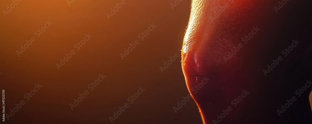 Poster close-up of a knee illuminated by warm light, showcasing skin texture and contours, creating an arti