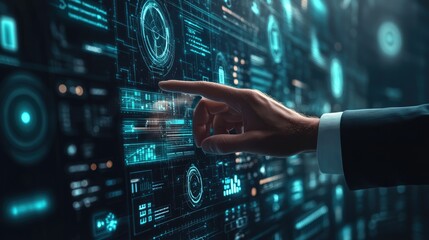 Fototapeta premium A businessman’s hand touches a sleek digital interface, set against a futuristic virtual background, embodying business technology, AI, and professional digital innovation.