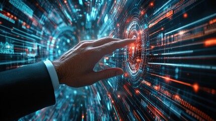 A businessman’s hand engaging with a futuristic digital screen, with a virtual background showcasing AI, business technology, and innovation in the professional world.