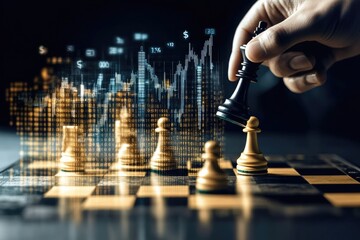 Crop-view of a hand moving a chess piece in a strategic business setting, surrounded by digital screens. The dark background features subtle dollar signs and graphs woven into metallic gold and deep