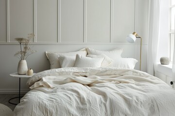 Minimal white bedroom with cozy bedding and elegant touches