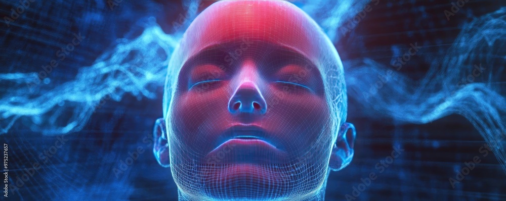 Aufkleber Futuristic digital head representation with glowing lines and waves, embodying artificial intelligence and technology concepts.