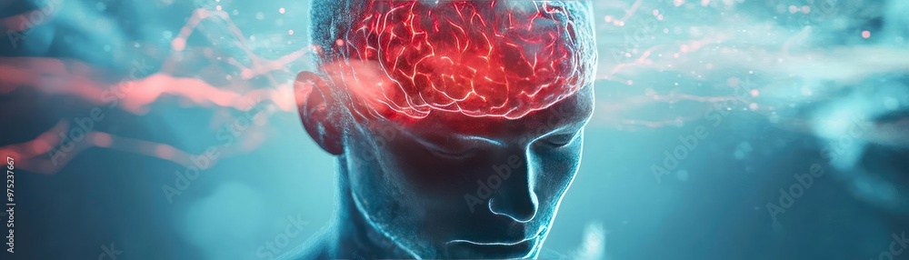 Poster a conceptual image of a human head with a glowing brain, symbolizing intelligence, creativity, and a