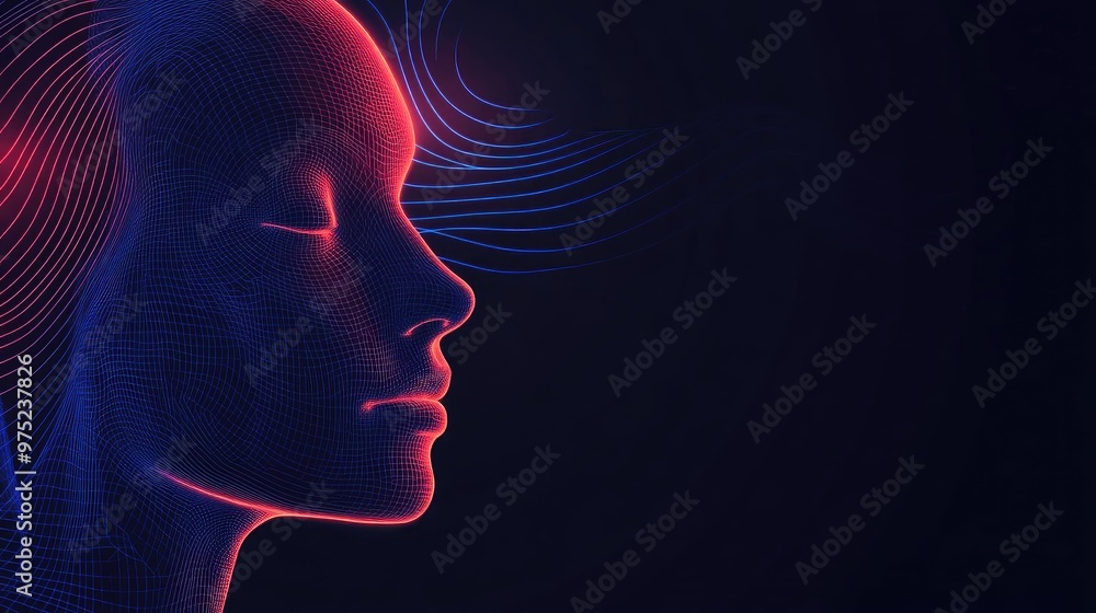 Poster a mesmerizing digital artwork of a serene female silhouette with glowing waves, conveying tranquilit