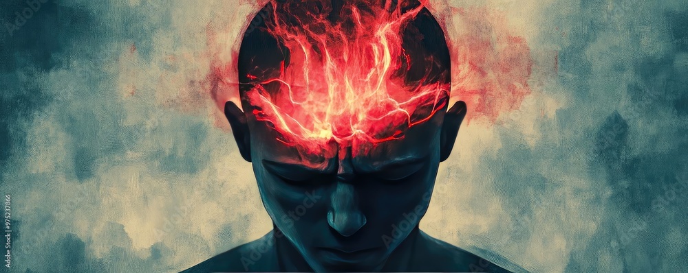 Poster a conceptual image depicting an intense emotional struggle, with a glowing brain representing though