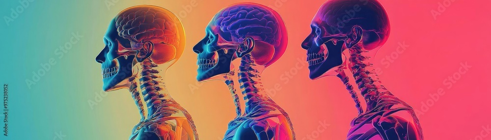 Poster an artistic representation of human anatomy showcasing three skulls in profile, highlighting skeleta