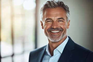 Naklejka premium High-resolution brightly lit photorealistic candid photograph of a smiling senior businessman captured in a high-end lifestyle magazine style. The light, uplifting ambiance enhances his joyful