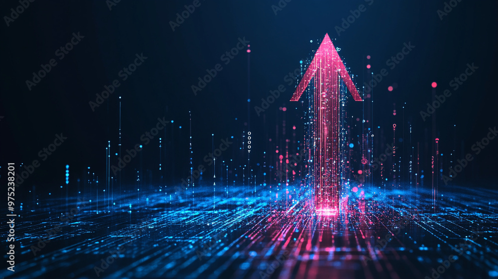 Poster vibrant digital arrow pointing upwards in a futuristic setting with glowing particles and lines
