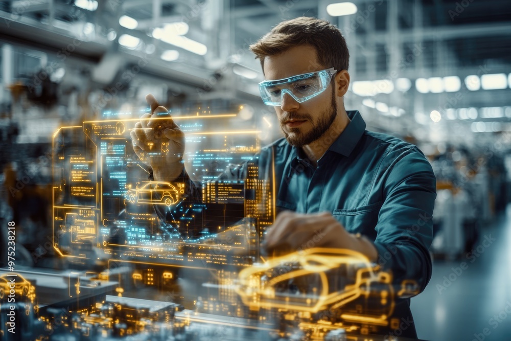 Poster very realistic and photographic photo of an engineer working with high-tech holographic displays in 