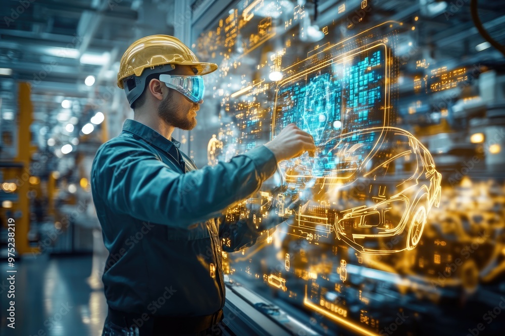 Poster very realistic and photographic photo of an engineer working with high-tech holographic displays in 