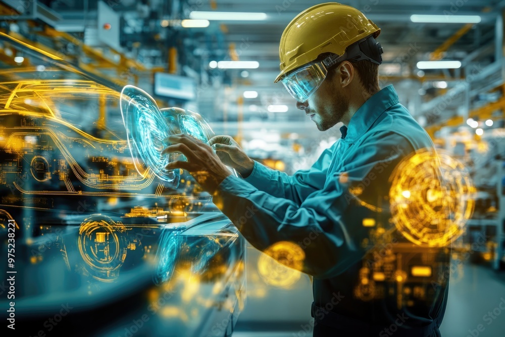 Poster very realistic and photographic photo of an engineer working with high-tech holographic interfaces i